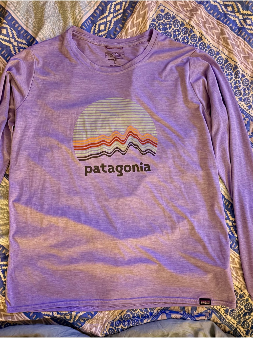 Patagonia Lavender Long Sleeve Tee with Multicolor Mountain Graphic